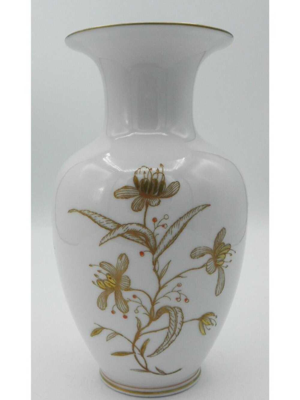 Reichenbach German Porcelain Vase Gold Floral Design Red Accents 7 Inches Tall